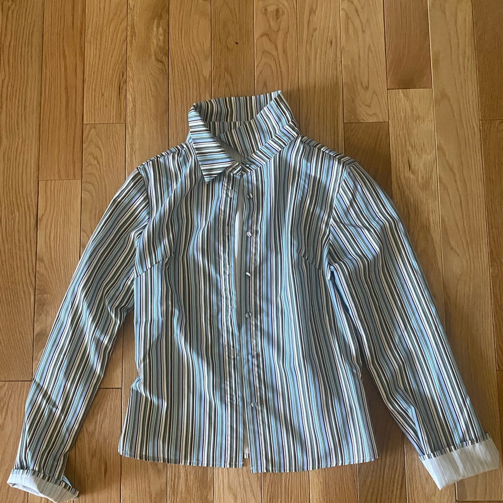 Blue and White Striped Blouse with High Collar